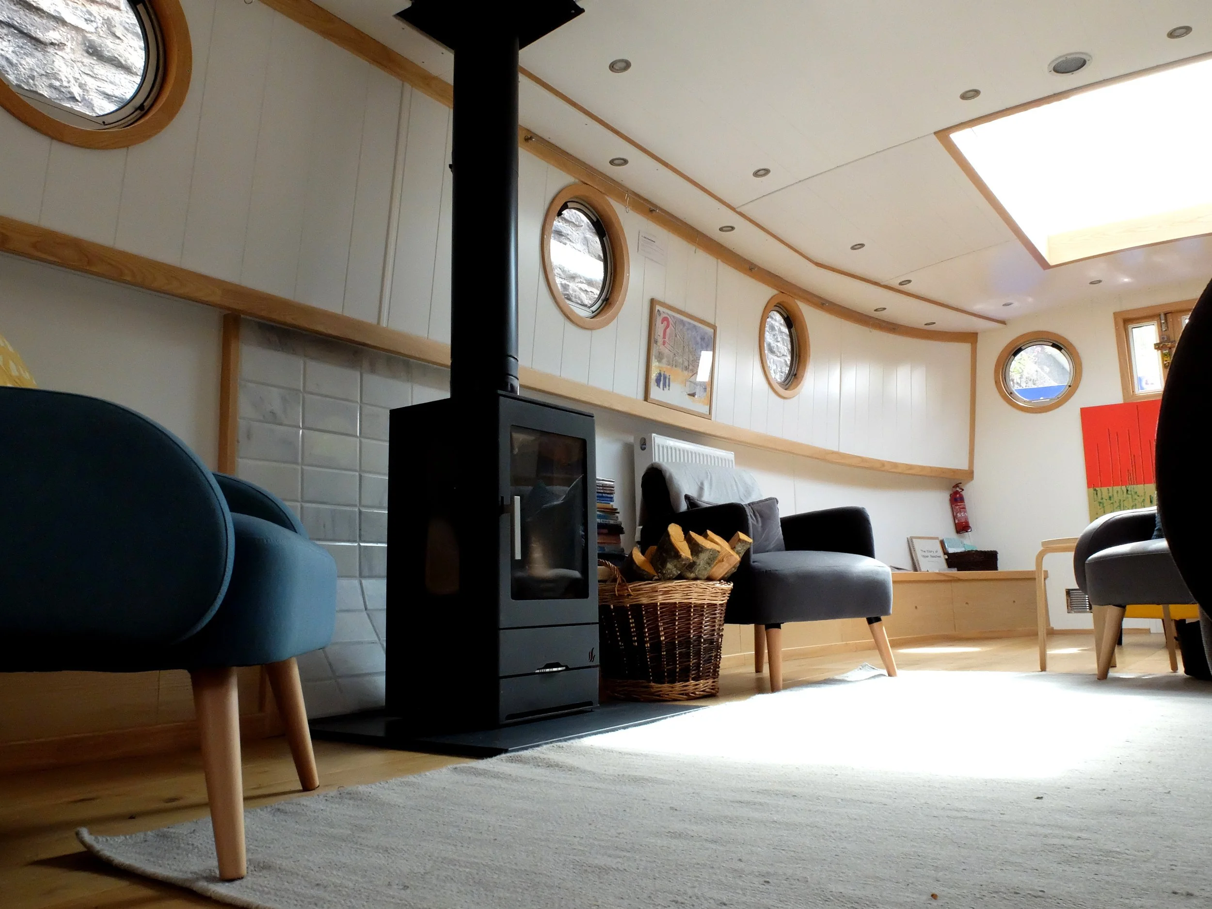 Seating area aboard The Prayer Barge