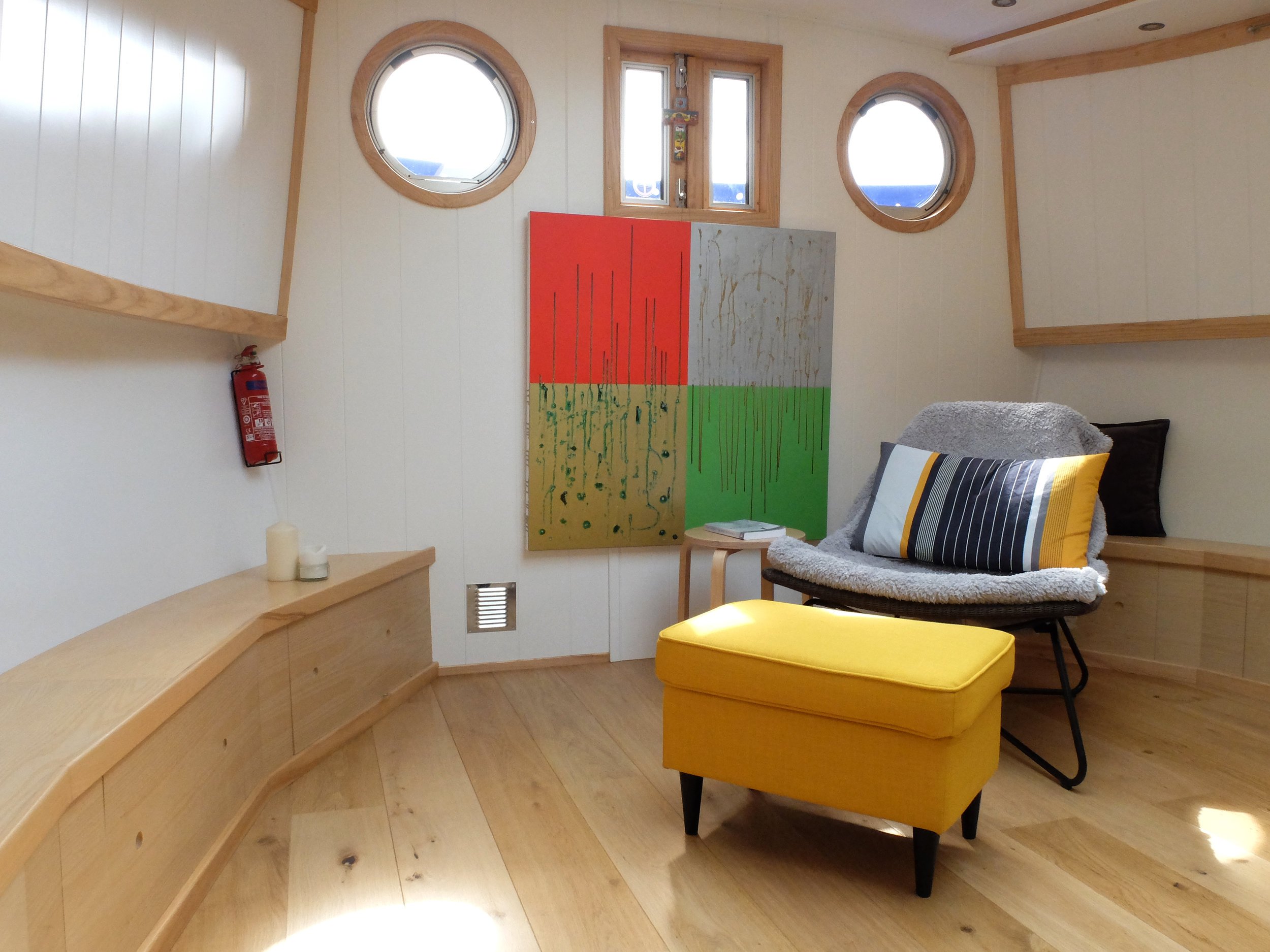 Looking into the cabin of The Prayer Barge