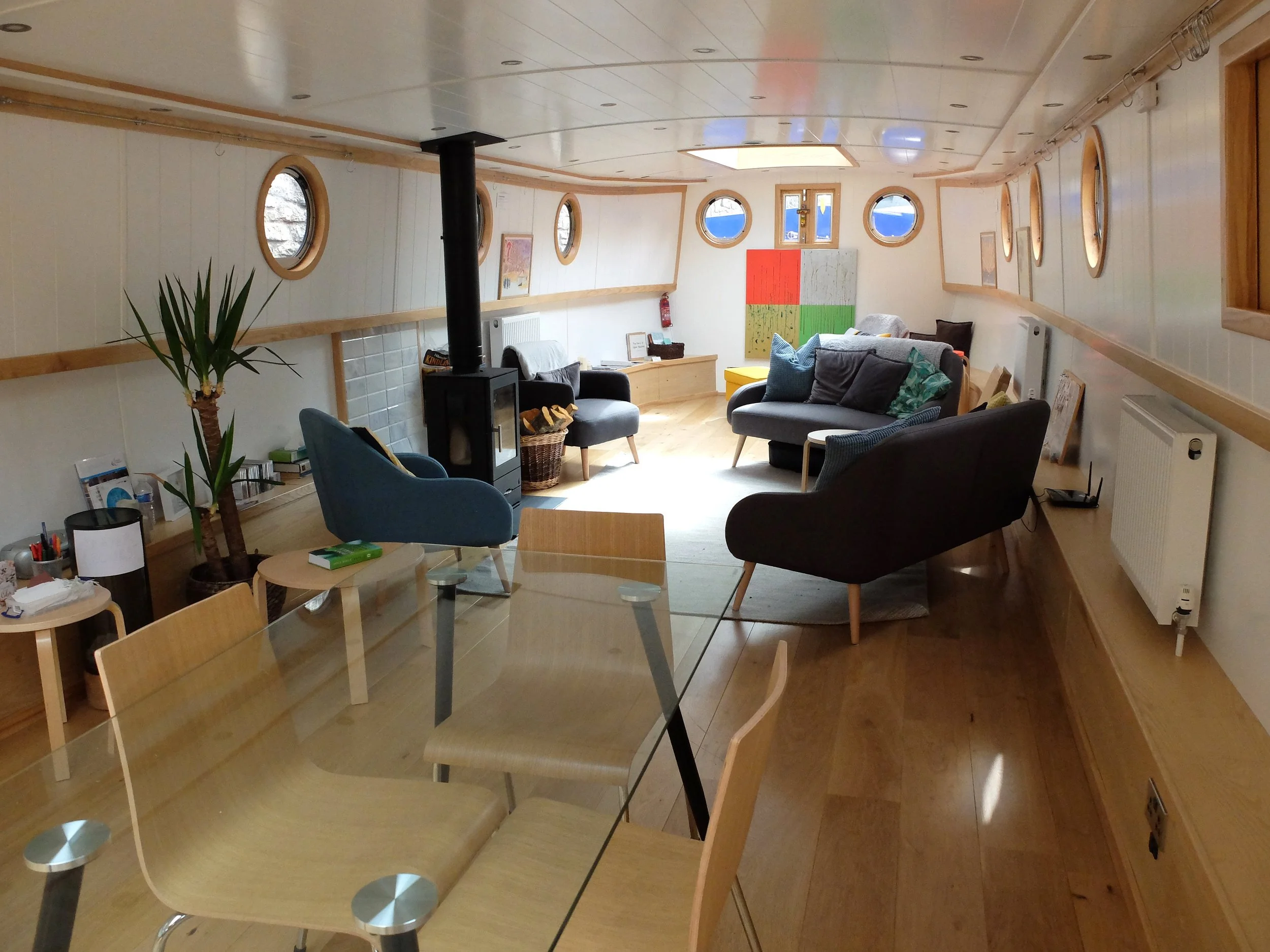 The lounge aboard The Prayer Barge